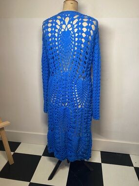 Handmade Crochet Long Cardigan Duster Bright Blue Boho